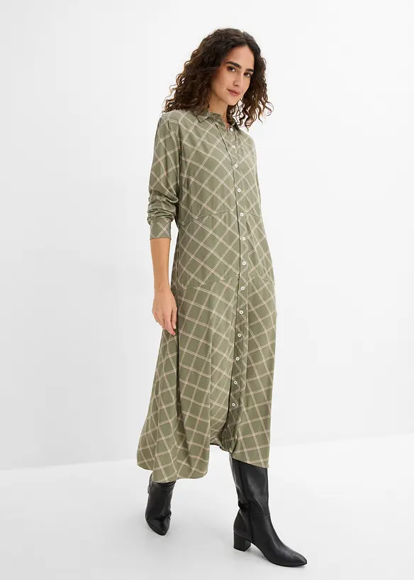 Blusenkleid aus reiner Viskose mit Eingriffstaschen in grün von vorne (Totalaufnahme) - bonprix Blusenkleid aus reiner Viskose mit Eingriffstaschen in grün von vorne (Totalaufnahme) - bonprix