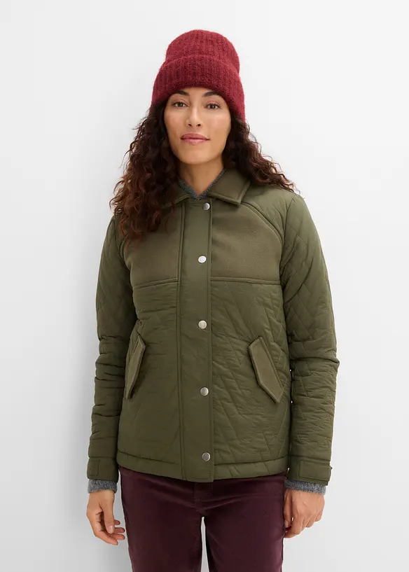 Steppjacke mit Materialmix Wollimitat in grün von vorne (im Anschnitt) - bonprix