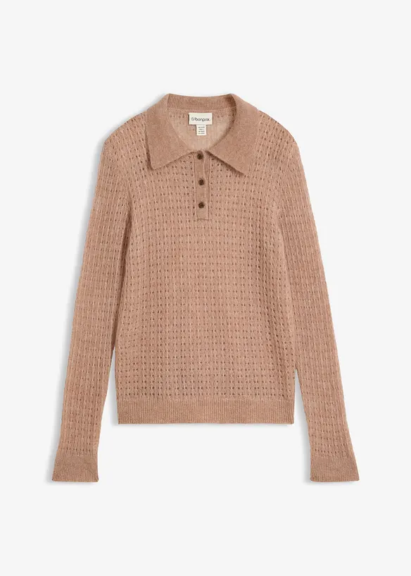 Polopullover aus weichem Ajour-Strick in braun von vorne - bonprix Polopullover aus weichem Ajour-Strick in braun von vorne - bonprix