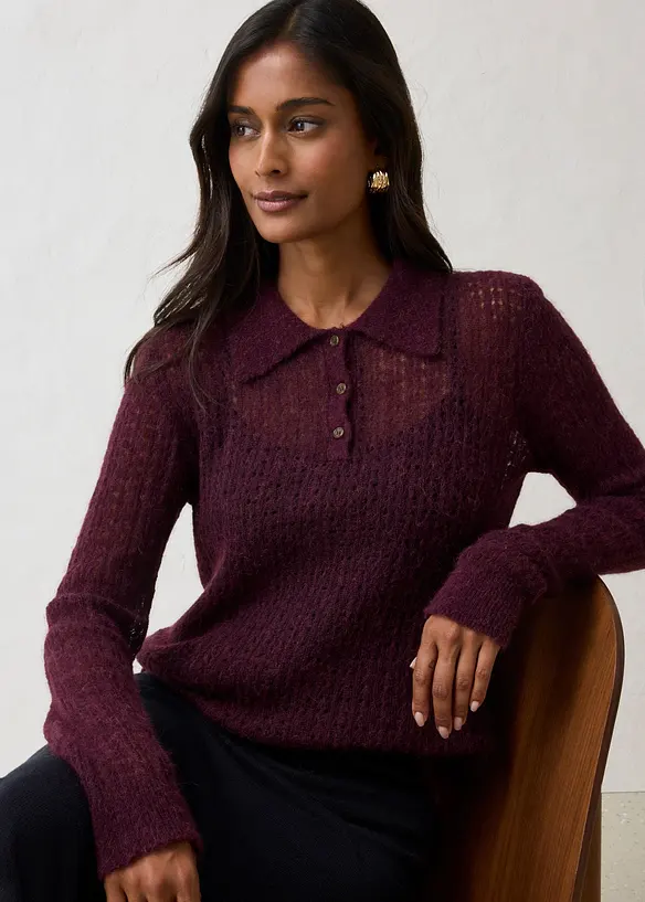 Polopullover aus weichem Ajour-Strick in rot von vorne (im Anschnitt) - bonprix Polopullover aus weichem Ajour-Strick in rot von vorne (im Anschnitt) - bonprix
