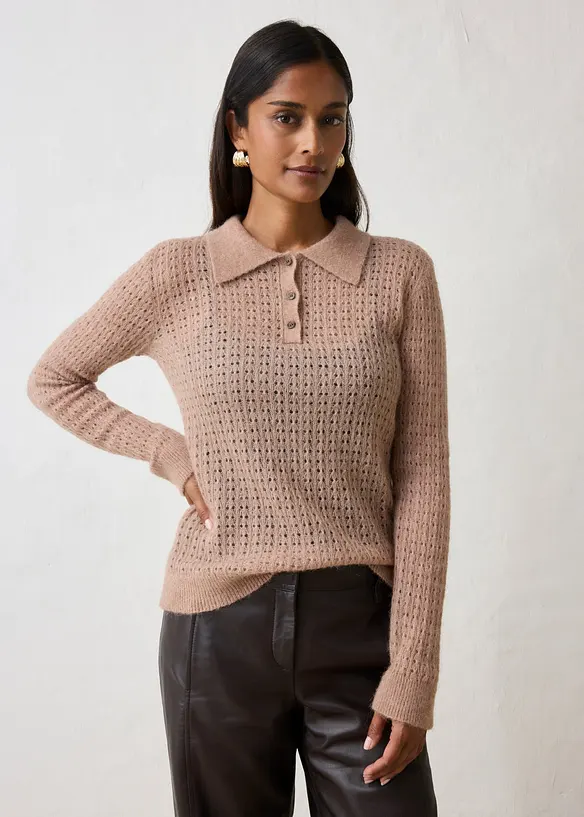 Polopullover aus weichem Ajour-Strick in braun von vorne (im Anschnitt) - bonprix Polopullover aus weichem Ajour-Strick in braun von vorne (im Anschnitt) - bonprix