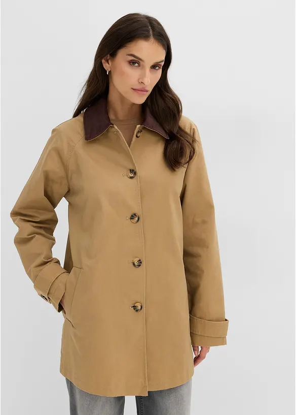 Gewachste Übergangsjacke mit Cord-Kragen in braun von vorne (im Anschnitt) - bonprix