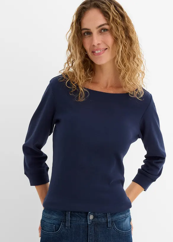 Langarmshirt aus reiner Bio-Baumwolle in blau von vorne (im Anschnitt) - bonprix