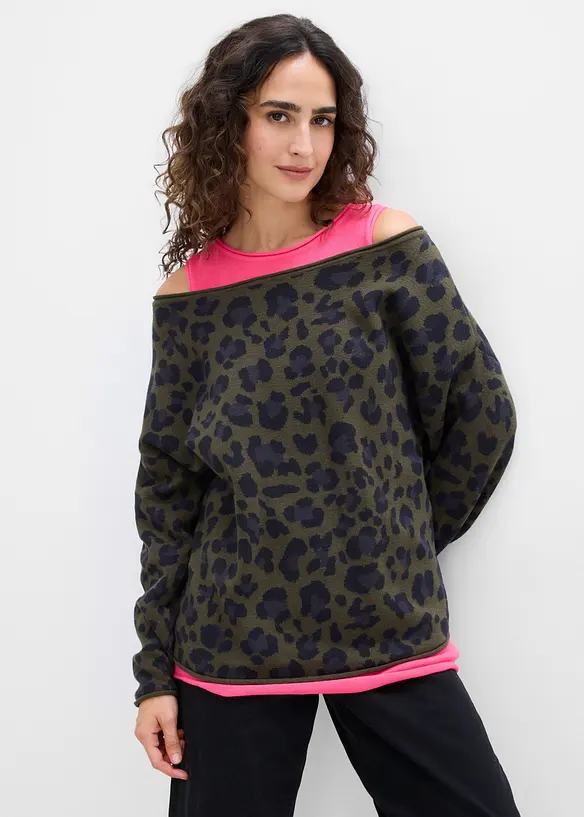 Pullover und Top aus Baumwoll-Mix (2-tlg. Set) in grün von vorne (im Anschnitt) - bonprix