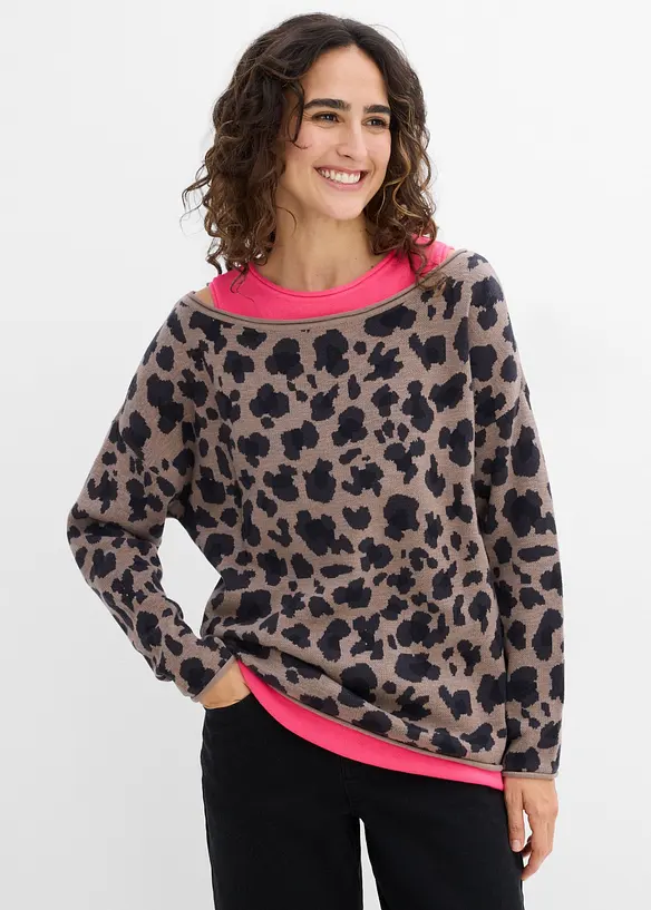 Pullover und Top aus Baumwoll-Mix (2-tlg. Set) in braun von vorne (im Anschnitt) - bonprix