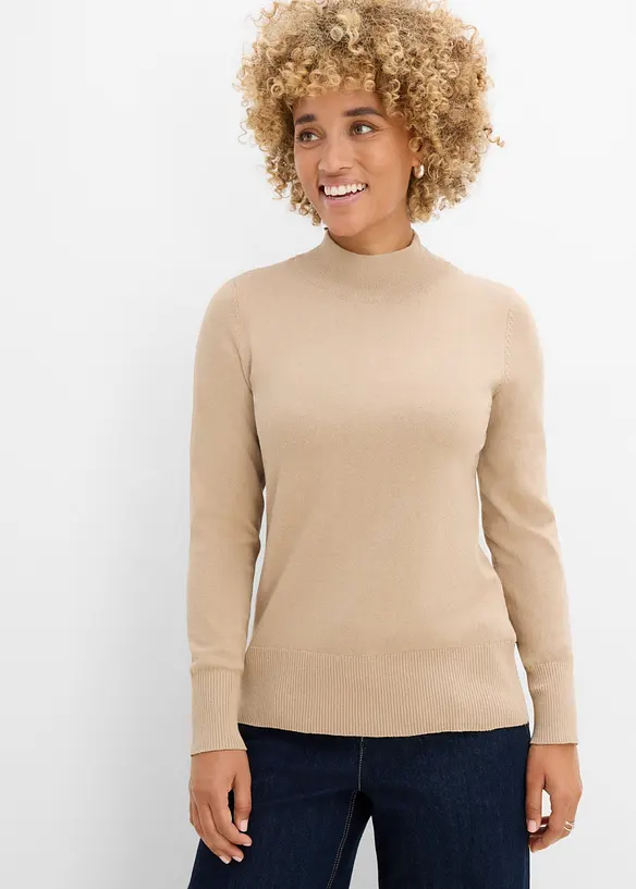 Feinstrickpullover mit recycelter Baumwolle in beige von vorne (im Anschnitt) - bonprix