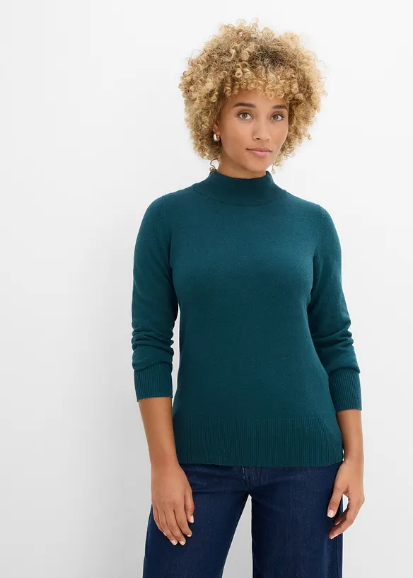 Feinstrickpullover mit recycelter Baumwolle in petrol von vorne (im Anschnitt) - bonprix