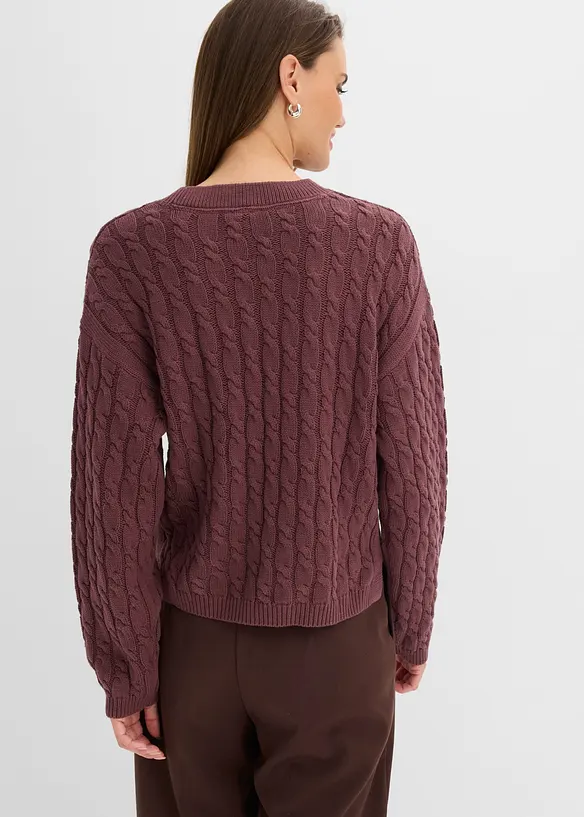 Pullover mit Zopfmuster in lila von hinten (im Anschnitt) - bonprix