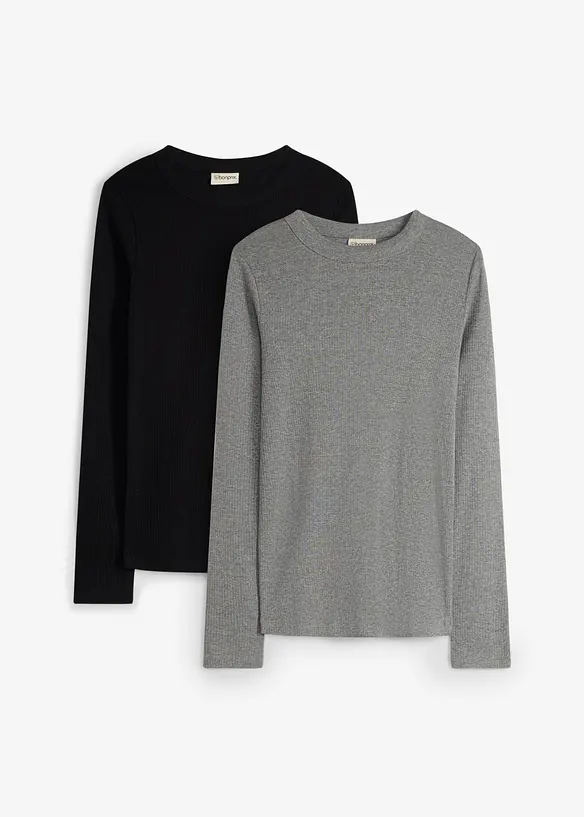 Gerippte Umstandsshirts aus reiner Baumwolle (2er Pack) in grau von vorne - bonprix