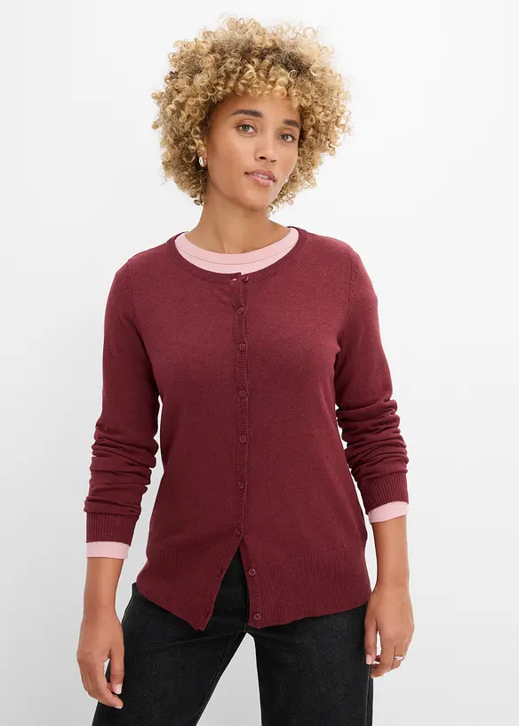 Feinstrickjacke mit recycelter Baumwolle in lila von vorne (im Anschnitt) - bonprix