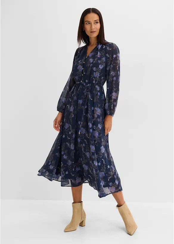 Midi-Chiffonkleid in blau von vorne (Totalaufnahme) - bonprix Midi-Chiffonkleid in blau von vorne (Totalaufnahme) - bonprix