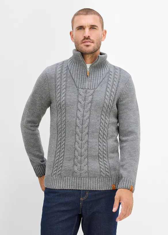 Troyer mit Zopfmuster in grau von vorne (im Anschnitt) - bonprix