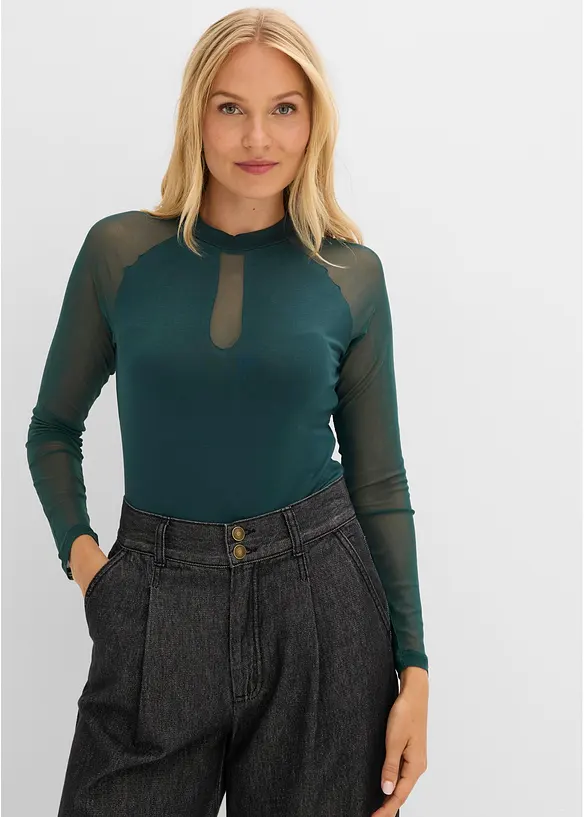 Langarmshirt aus softem Viskose-Mis in grün von vorne (im Anschnitt) - bonprix