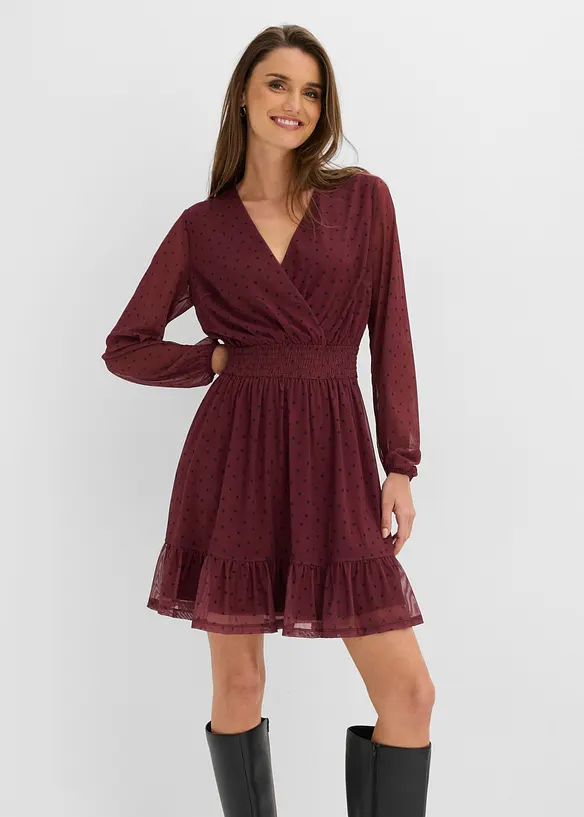 Midikleid mit gesmokter Taille und Allover-Print in rot von vorne (Totalaufnahme) - bonprix