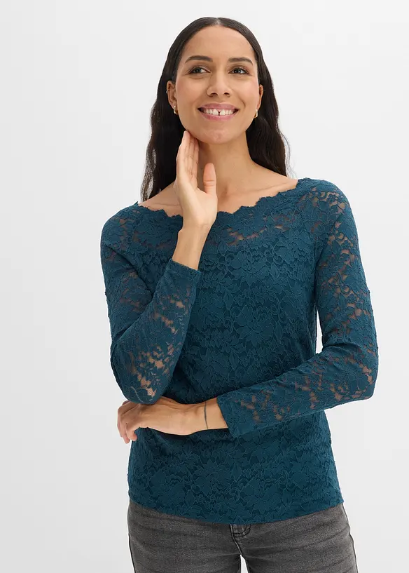 Langarmshirt mit Spitze in petrol von vorne (im Anschnitt) - bonprix