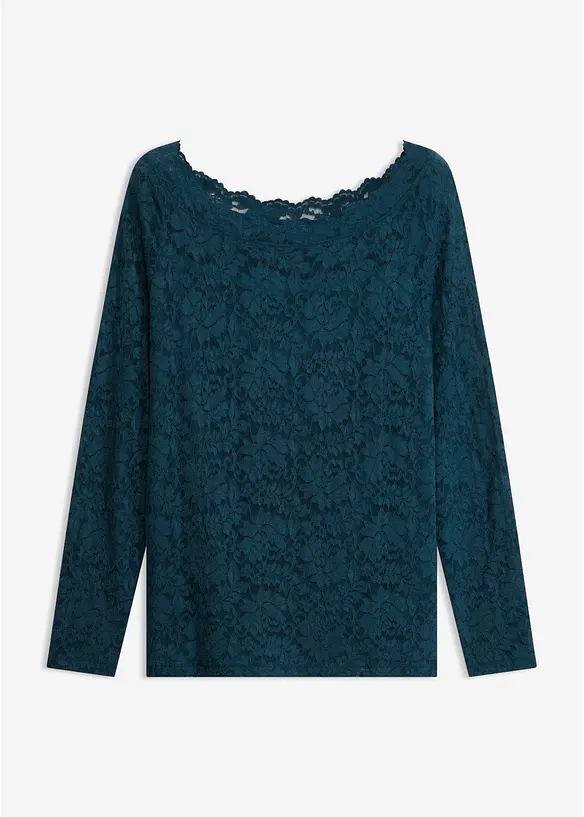 Langarmshirt mit Spitze in petrol von vorne - bonprix