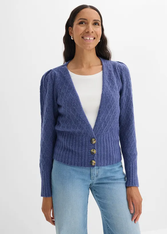 Feinstrickjacke in blau von vorne (im Anschnitt) - bonprix