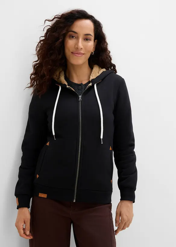 Kapuzen-Sweatjacke mit Teddyfutter in schwarz von vorne (im Anschnitt) - bonprix