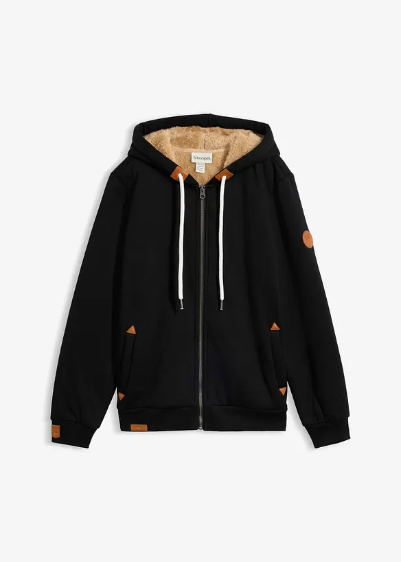 Kapuzen-Sweatjacke mit Teddyfutter in schwarz von vorne - bonprix