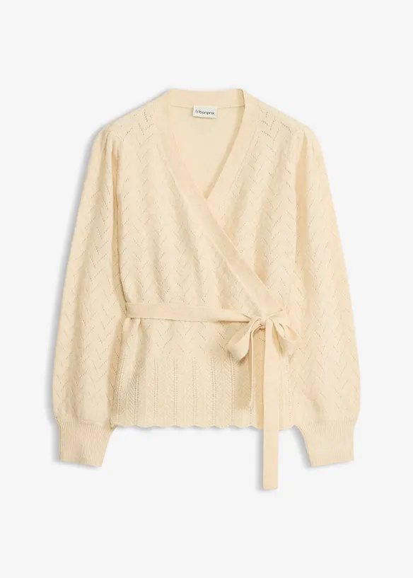 Wickelpullover mit Puffärmeln in beige von vorne - bonprix