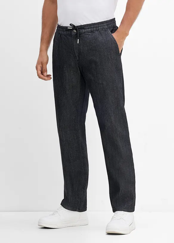 Leichte Regular-Fit Schlupfjeans mit Dehnbund, Straight in schwarz von vorne - bonprix