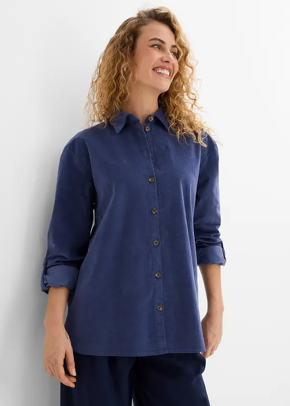 Cord-Hemd aus elastischem Baumwoll-Mix in blau von vorne (im Anschnitt) - bonprix