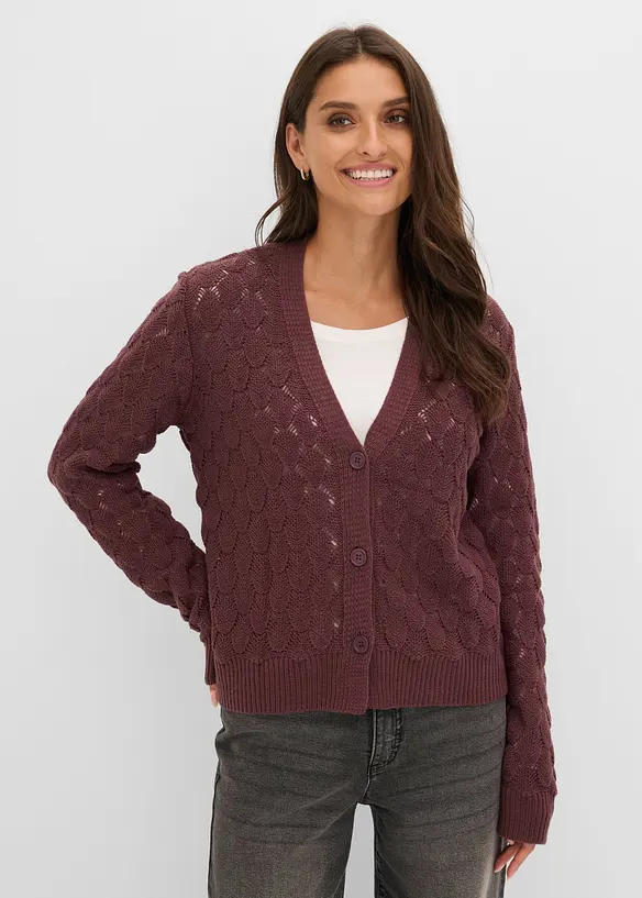 Ajour-Strickjacke in lila von vorne (im Anschnitt) - bonprix Ajour-Strickjacke in lila von vorne (im Anschnitt) - bonprix