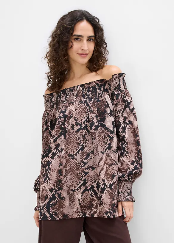 Carmenbluse aus leichtem Crêpe in braun von vorne (im Anschnitt) - bonprix Carmenbluse aus leichtem Crêpe in braun von vorne (im Anschnitt) - bonprix