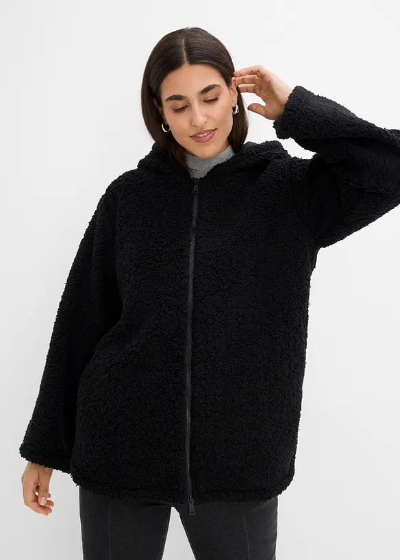 Teddy-Fleece Jacke in A-Linie mit Seitenschlitzen in schwarz von vorne (im Anschnitt) - bonprix Teddy-Fleece Jacke in A-Linie mit Seitenschlitzen in schwarz von vorne (im Anschnitt) - bonprix