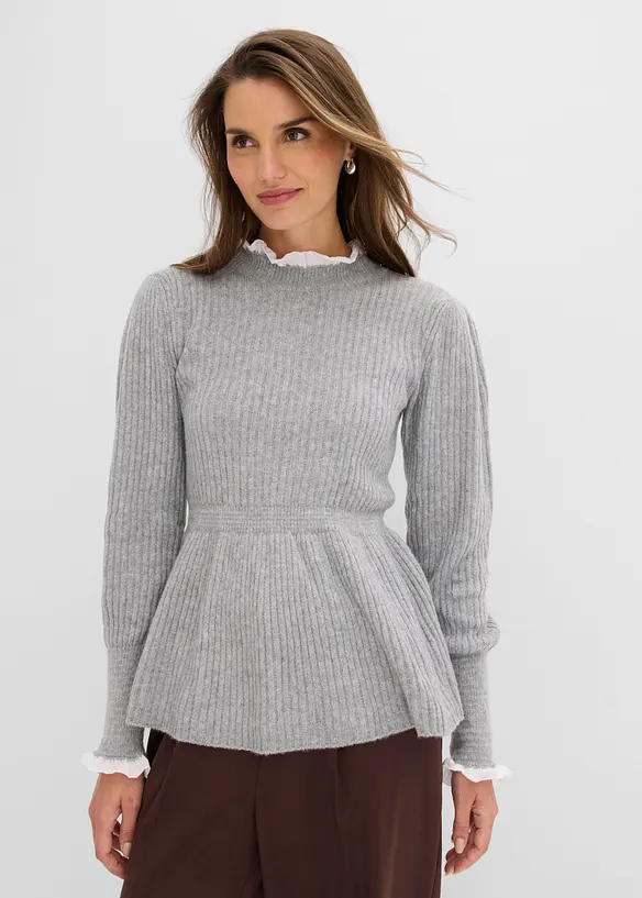 Pullover mit Blusen-Einsatz in grau von vorne (im Anschnitt) - bonprix Pullover mit Blusen-Einsatz in grau von vorne (im Anschnitt) - bonprix