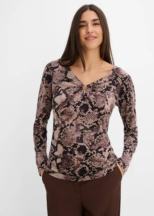 Langarmshirt aus softem Viskose-Mix in braun von vorne (im Anschnitt) - bonprix