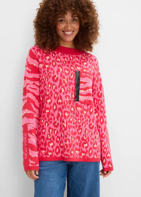 Feinstrickpullover im Animal-Design in rot von vorne (im Anschnitt) - bonprix Feinstrickpullover im Animal-Design in rot von vorne (im Anschnitt) - bonprix