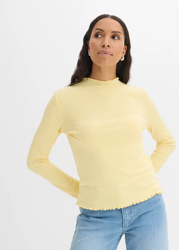 Rippshirt mit Ziersäumen in gelb von vorne (im Anschnitt) - bonprix