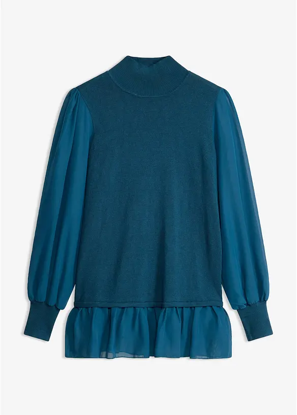 Feinstrickpullover mit Blusen-Einsatz in petrol von vorne - bonprix Feinstrickpullover mit Blusen-Einsatz in petrol von vorne - bonprix