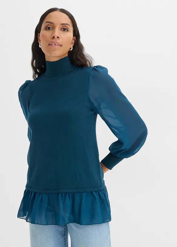 Feinstrickpullover mit Blusen-Einsatz in petrol von vorne (im Anschnitt) - bonprix Feinstrickpullover mit Blusen-Einsatz in petrol von vorne (im Anschnitt) - bonprix