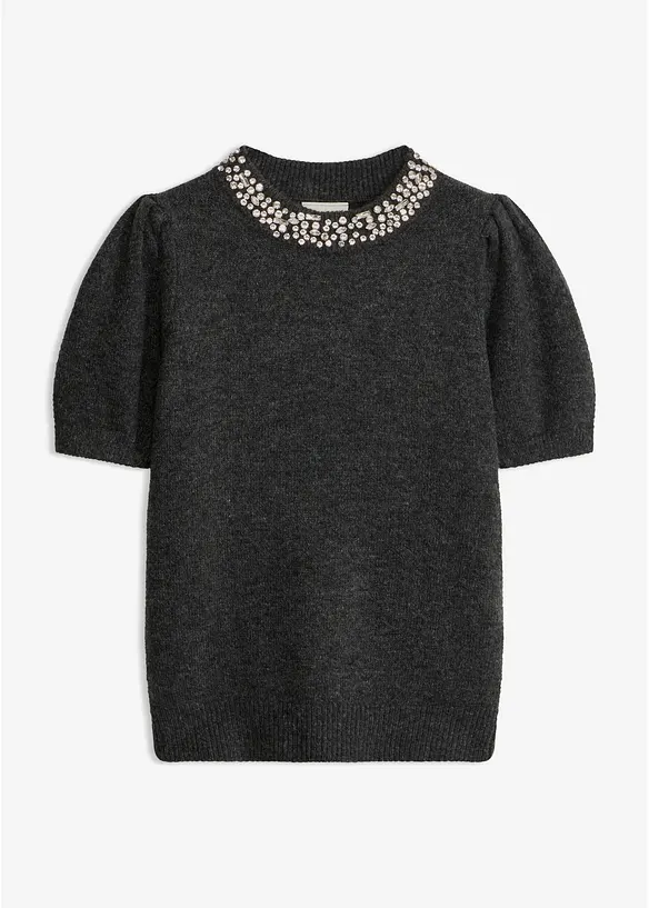 Pullover mit Strass-Applikation in grau von vorne - bonprix