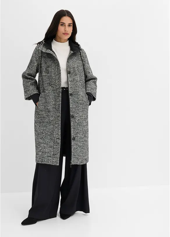 Mantel in Tweedoptik mit Strickstulpen in schwarz von vorne (Totalaufnahme) - bonprix