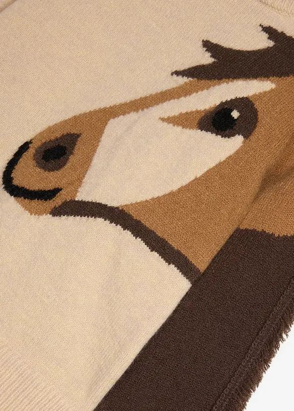Grobstrick-Pullover mit Pferdemotiv in beige - bonprix