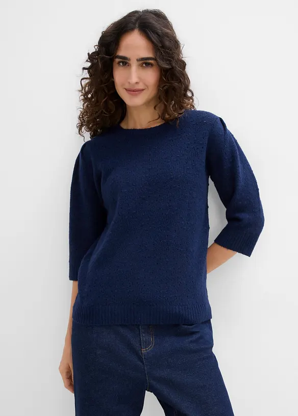 Ajour-Pullover mit 3/4-Arm in blau von vorne (im Anschnitt) - bonprix Ajour-Pullover mit 3/4-Arm in blau von vorne (im Anschnitt) - bonprix