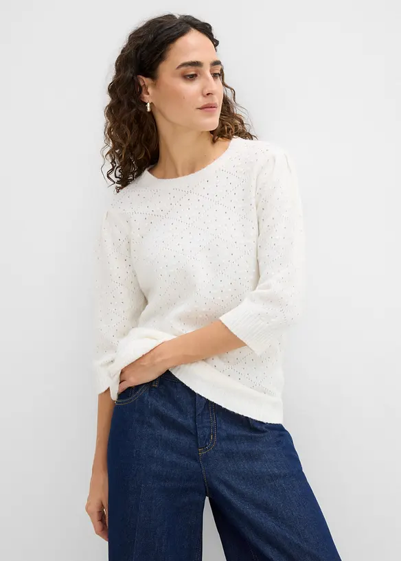 Ajour-Pullover mit 3/4-Arm in weiß von vorne (im Anschnitt) - bonprix