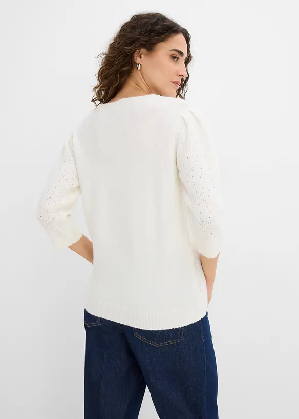 Ajour-Pullover mit 3/4-Arm in weiß von hinten (im Anschnitt) - bonprix