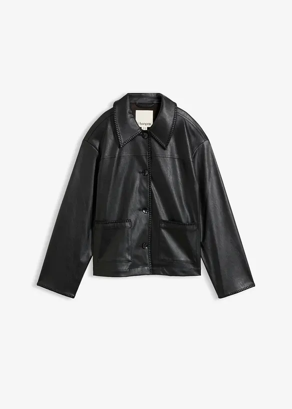 Lederimitat-Jacke mit Zierstichen an Kragen und Taschen in schwarz von vorne - bonprix