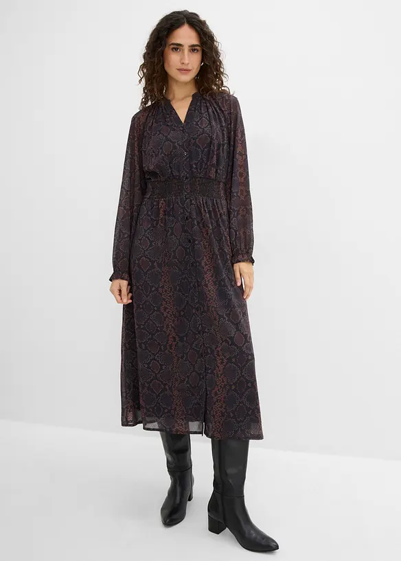 Chiffonkleid mit Frill-Ärmeln in braun von vorne (Totalaufnahme) - bonprix Chiffonkleid mit Frill-Ärmeln in braun von vorne (Totalaufnahme) - bonprix