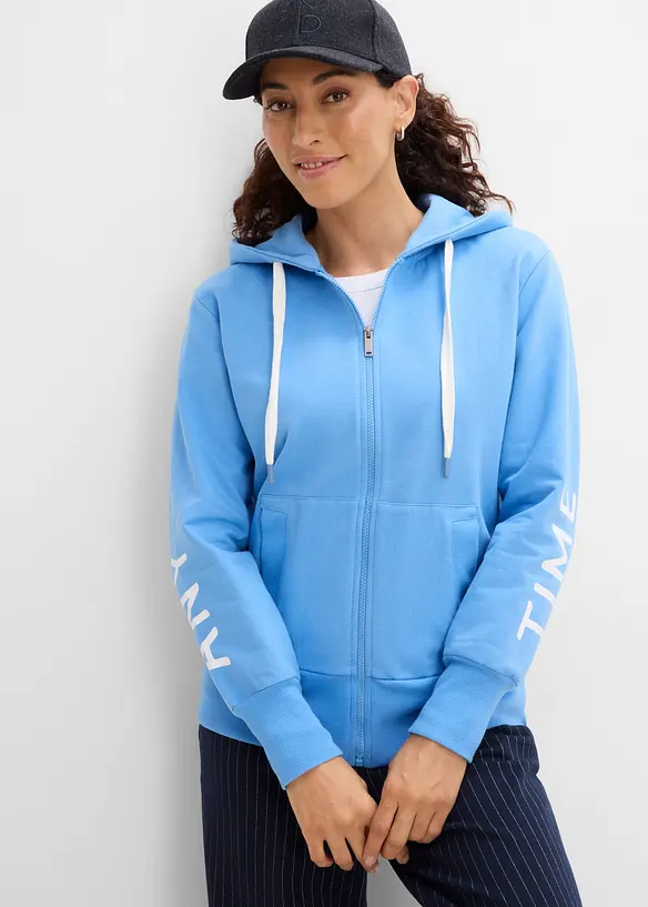 Kapuzen-Sweatjacke aus elastischem Bio-Baumwoll-Mix in blau von vorne (im Anschnitt) - bonprix Kapuzen-Sweatjacke aus elastischem Bio-Baumwoll-Mix in blau von vorne (im Anschnitt) - bonprix
