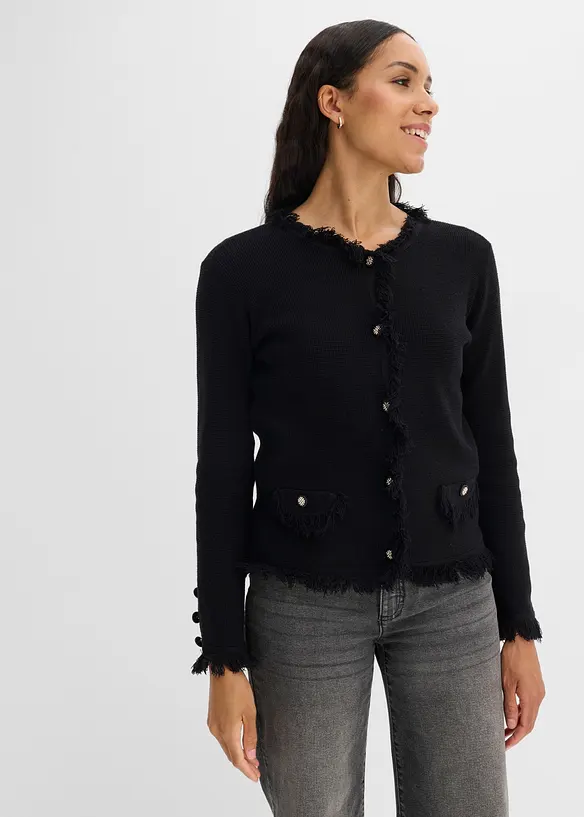 Strickjacke aus Bouclé in schwarz von vorne (im Anschnitt) - bonprix Strickjacke aus Bouclé in schwarz von vorne (im Anschnitt) - bonprix