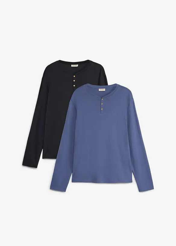 Henley-Rippshirt, Langarm (2er Pack) in schwarz von vorne - bonprix