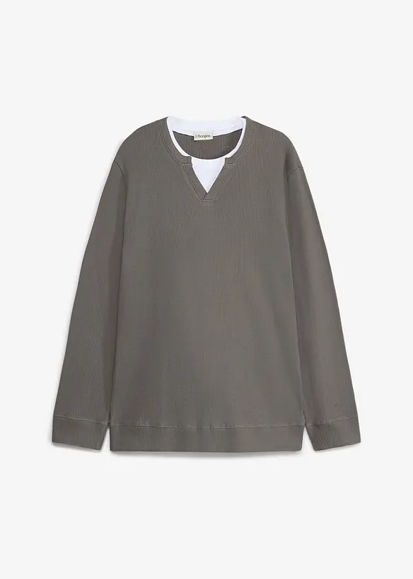 Langarmshirt aus Waffelstrick in 2-in-1-Optik aus reiner Baumwolle in grau von vorne - bonprix