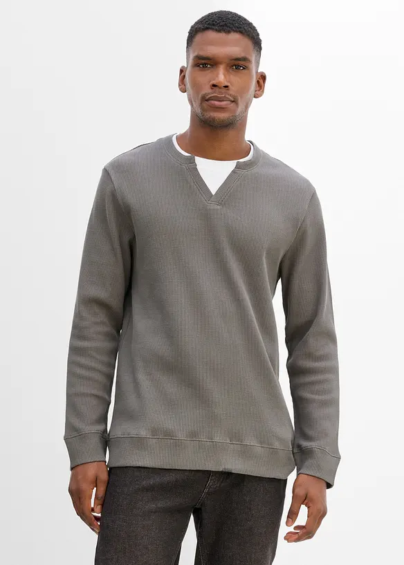 Langarmshirt aus Waffelstrick in 2-in-1-Optik aus reiner Baumwolle in grau von vorne (im Anschnitt) - bonprix