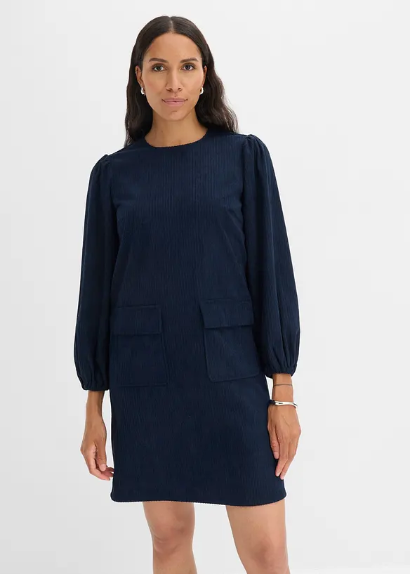 Kord-Kleid mit Taschen in blau von vorne (Totalaufnahme) - bonprix