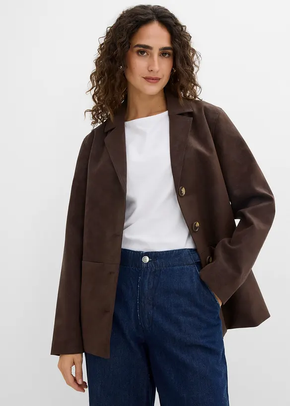 Einreihiger Velourslederimitat-Blazer in braun von vorne (im Anschnitt) - bonprix
